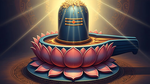 A beautifully illuminated Shiva Lingam with golden accents, resting on a pink lotus-shaped yoni base, radiating spiritual energy and divine light.