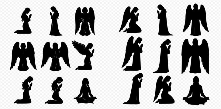 Black silhouettes of praying people and angels in various spiritual poses, including kneeling, standing, and meditating figures.