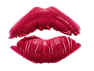 Close up of a vibrant, textured, deep red lipstick kiss mark print isolated on transparent background