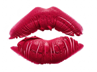 Close up of a vibrant, textured, deep red lipstick kiss mark print isolated on transparent background