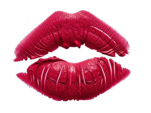Close up of a vibrant, textured, deep red lipstick kiss mark print isolated on transparent background