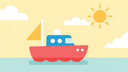 A vibrant cartoon illustration of a red boat with a yellow sail floating on blue water under a sunny yellow sky with white clouds.