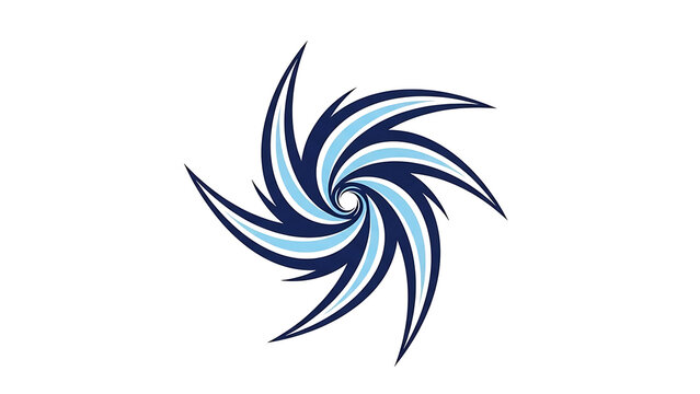 A stylized graphic of a swirling vortex or hurricane symbol in shades of dark blue and light blue, with a central eye.