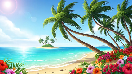 Vibrant tropical beach scene with swaying palm trees, crystal clear turquoise water, sandy shore, and colorful hibiscus flowers under a bright sunny sky.