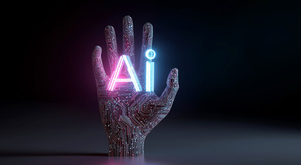 Futuristic Digital Hand with Neon AI Text and Circuit Patterns on Dark Abstract Background