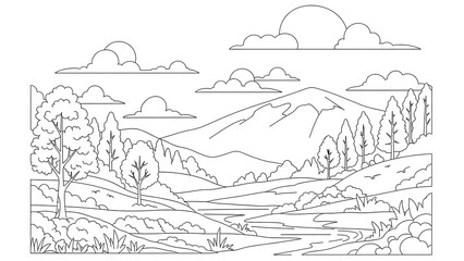 Fototapeta premium Detailed line art drawing of a serene natural landscape with mountains, rolling hills, a winding river, lush trees, and fluffy clouds in the sky, perfect for coloring.
