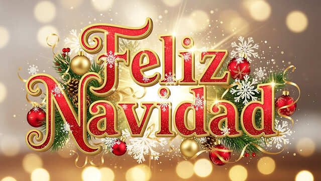 A festive 'Feliz Navidad' greeting in decorative red and gold lettering, adorned with Christmas ornaments, snowflakes, and a warm bokeh light background.