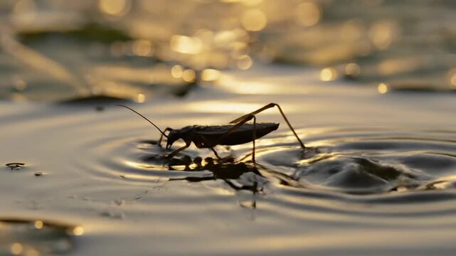 Water Strider Insect Gracefully Gliding on the Water Surface in Sunlight.