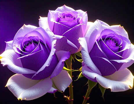 Three vibrant purple roses in full bloom on dark background