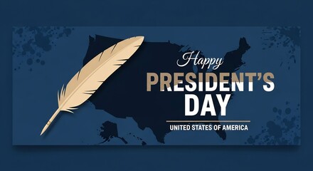 Happy President's Day Celebration Banner with US Map Silhouette and Golden Quill Pen