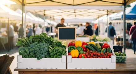 Fresh vegetables and produce are displayed at a bustling farmers market with blurred people and customers in the background