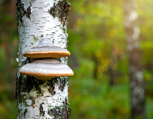 Close-up of mushrooms growing on a birch tree trunk in nature