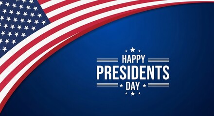Graphic design banner for Happy Presidents Day with American flag stars and stripes border on blue background.