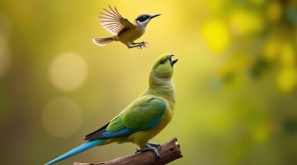 Two birds interacting in a lush green forest with soft golden light