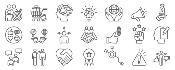 Set of line neuromarketing Icons. Vector illustration including consumer, purchase decision, cognitive, brain, environment, advertising, financial, reaction, morality, behaviour, enggagment, sensory.