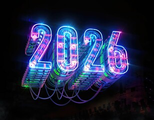 Glowing year 2026 in vibrant neon light streaks on dark