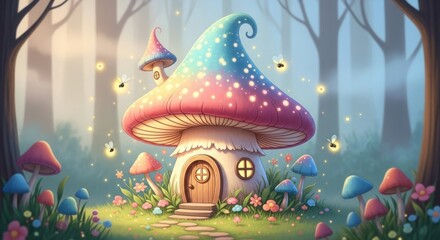 A whimsical, fairy-tale mushroom house with a blue and pink toadstool roof, surrounded by a forest of mushrooms and flowers, with bees flying around.