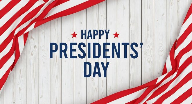 Happy Presidents' Day greeting text on a white wood background framed by red and white flag stripes