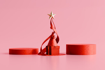 Minimalist christmas tree shape with gift box and product podiums. 3D rendering