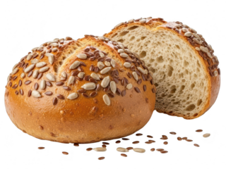A delicious whole grain bread roll cut in half, generously topped with sunflower and flax seeds, isolated on transparent background