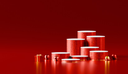 Minimalist red christmas product display podiums with glitter texture. 3D rendering