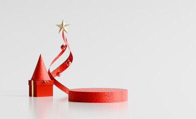 Minimalist white christmas product podium with abstract ribbon tree display. 3D rendering