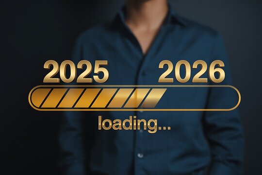  A person with a digital loading bar showing progress from 2025 to 2026. A modern transition and upgrade concept for new year change.