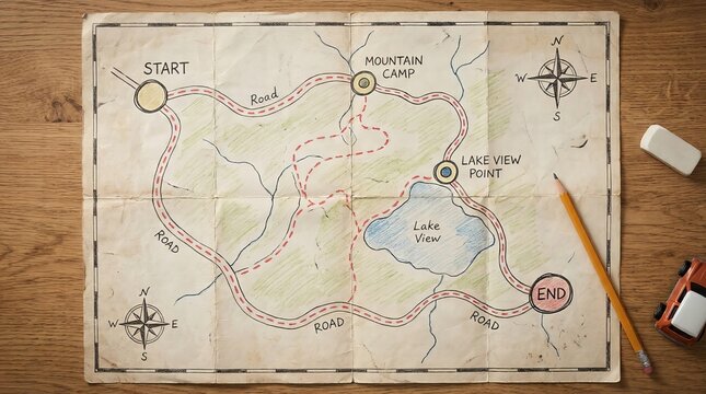 Paper road map laid flat indicating key locations and routes, ideal for navigation, journey concepts, exploration themes, and adventure visuals - Powered by Adobe