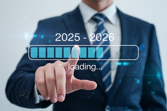  A professional businessman touching a futuristic loading bar from 2025 to 2026. A clean digital transition concept. Perfect for new year planning and progress visuals.
