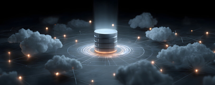 A digital illustration of a centralized data storage unit surrounded by network nodes, symbolizing cloud computing and data management.