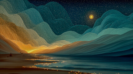 Abstract Night Landscape with Illuminated Water and Vibrant Sky