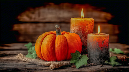 Autumn Halloween Scene with Pumpkin and Candles on Rustic Wooden
