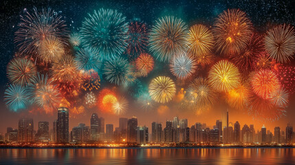 Vibrant Fireworks Over City Skyline Celebrating New Year Festivi