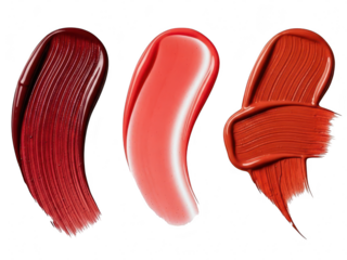 Three swatches of cosmetic lip product texture in deep red, glossy coral pink, and matte burnt orange, isolated on transparent background