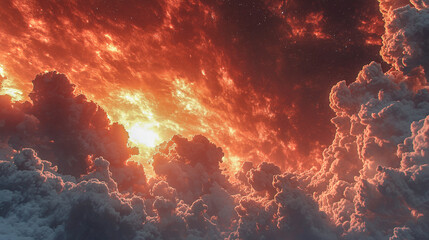 Dramatic Fiery Sky with Illuminated Clouds at Sunset Creating a