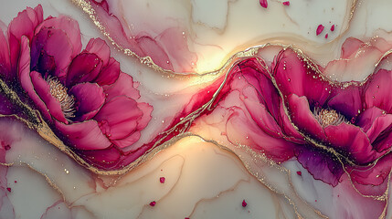 Elegant Abstract Floral Art with Vibrant Pink and Gold Accents f