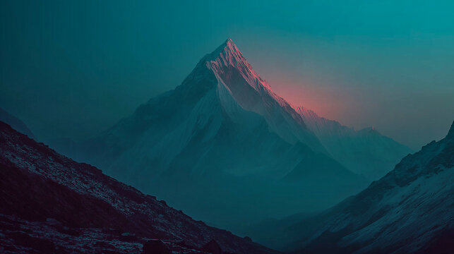 Majestic Snow-Capped Mountain Peak at Dawn with Ambient Light an