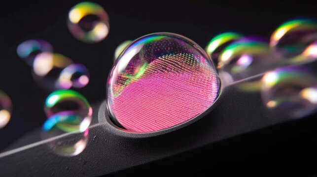 Close-up of soap bubbles with colorful reflections floating against a dark background, creating a dreamy and abstract composition. - Powered by Adobe