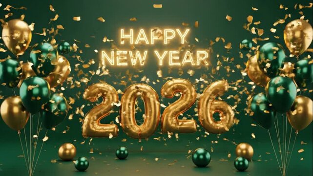 3D render Happy New Year 2026 celebration scene in emerald green and metallic gold color palette.
