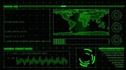 Green color hi tech HUD animation with random codes and binary code matrix design black technology background - Powered by Adobe