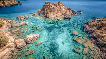 Stunning Aerial View of Rocky Island Coastline and Clear Turquoi
