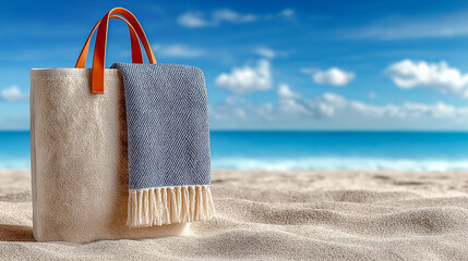 Beach Bag with Towel on Sandy Shore by the Ocean under a Clear B