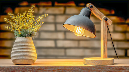 Cozy Interior Scene with Modern Table Lamp and Yellow Flower Arr