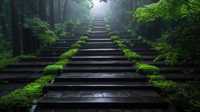 A stone staircase ascends through a dense forest, surrounded by lush greenery and a misty atmosphere, creating a moody and tranquil scene. - Powered by Adobe