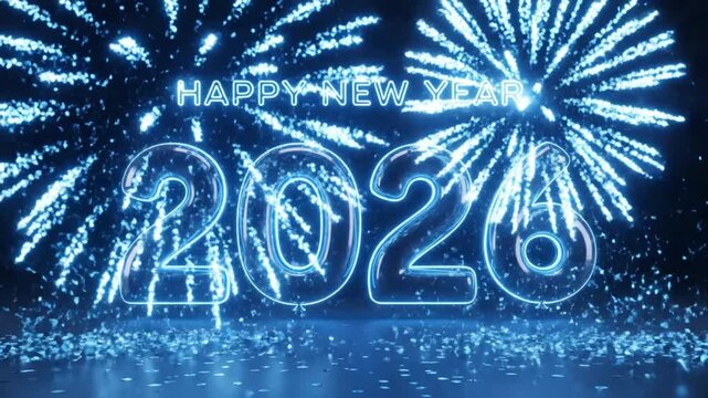 Futuristic 3D render of New Year 2026 with glowing neon blue balloon numbers on a deep black background.