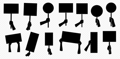 Silhouettes of hands holding blank protest signs and placards in various shapes and orientations, ready for custom messages.