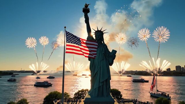 American flag waves near statue of liberty symbolizing patriotism freedom and independence day