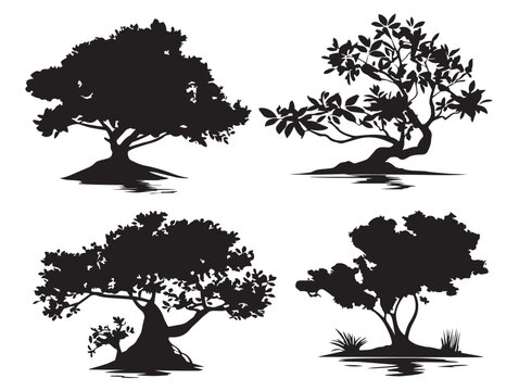 A simple set of four clean mangrove tree silhouette vector icons