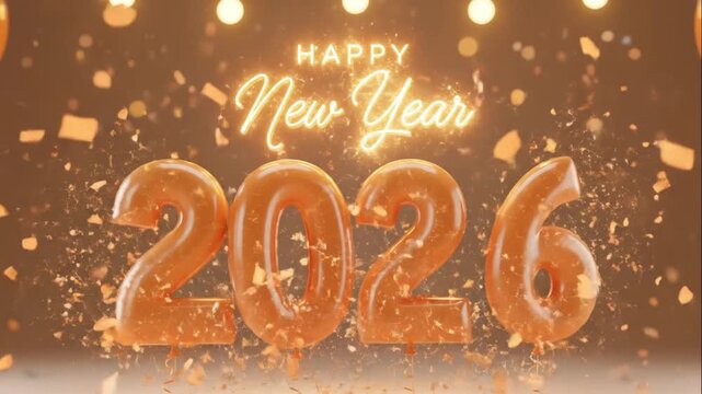 3D render New Year 2026 celebration in Apricot Crush color palette.