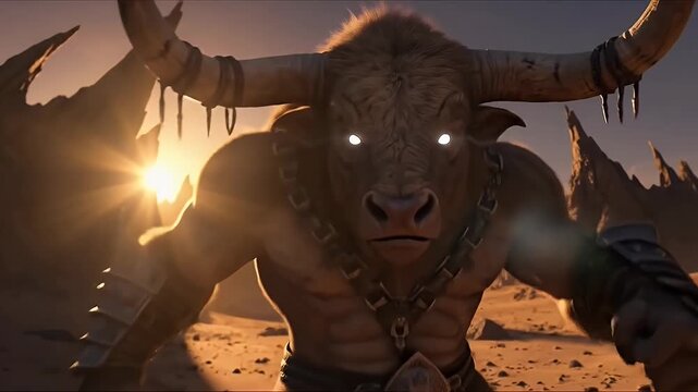 Mythical minotaur monster charging through a desolate rocky desert at golden hour